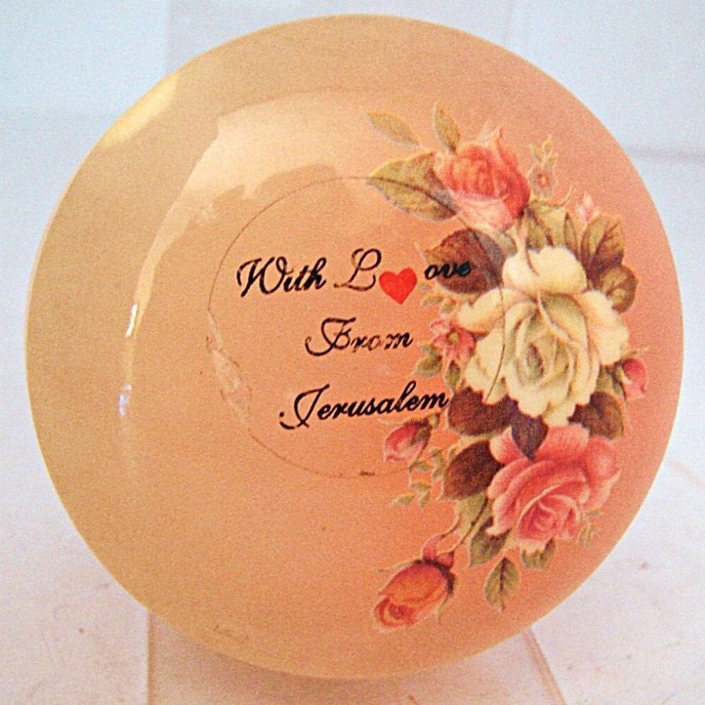 Hand Painted Peach Trinket Dish Box With Love from Jerusalem Gold Trim 2 x 2.5 "